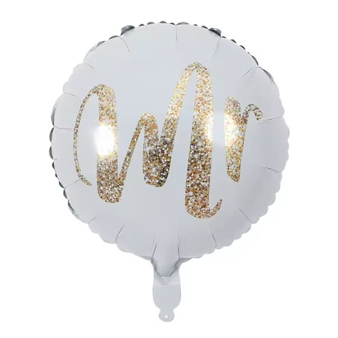 Balon din Folie Metalizata, Flippy, Figurina Cerc, Model MR, Tematica Nunta, 45 cm, Ambalaj Individual, Pai Inclus, Umflare cu Aer sau Heliu, Alb [1]