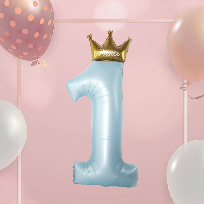 Balon din Folie Metalizata, Flippy, Figurina Cifra 1, Model Coroana Print, 91 cm, Ambalaj Individual, Pai inclus, Umflare cu Aer sau Heliu, Albastru [3]