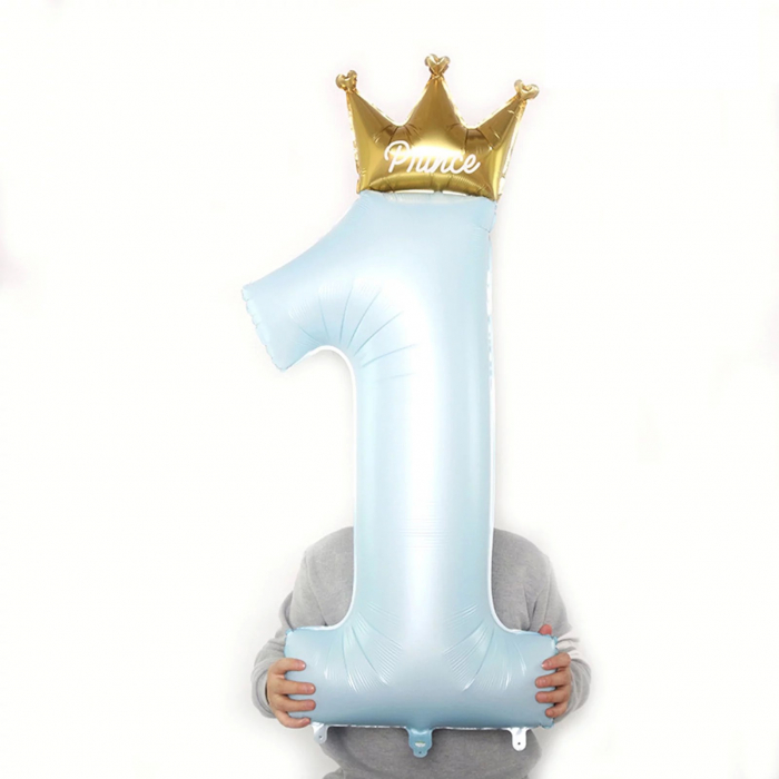 Balon din Folie Metalizata, Flippy, Figurina Cifra 1, Model Coroana Print, 91 cm, Ambalaj Individual, Pai inclus, Umflare cu Aer sau Heliu, Albastru [2]