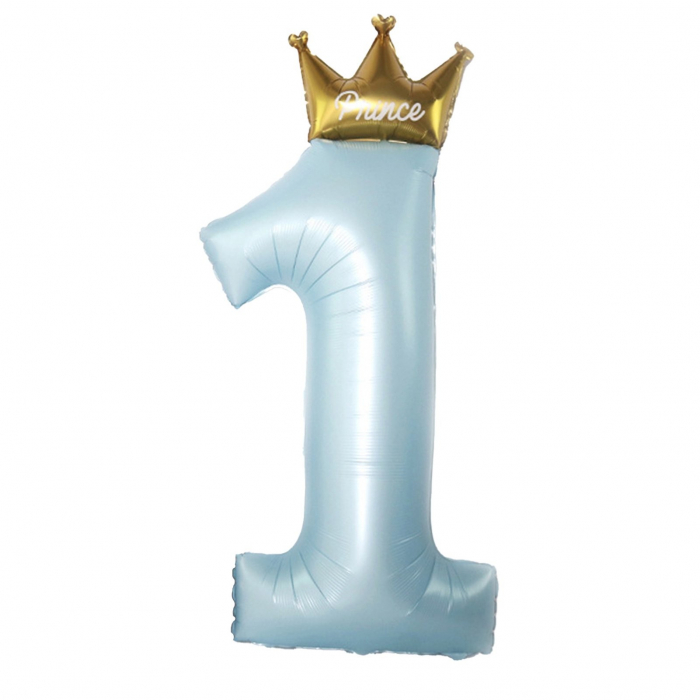 Balon din Folie Metalizata, Flippy, Figurina Cifra 1, Model Coroana Print, 91 cm, Ambalaj Individual, Pai inclus, Umflare cu Aer sau Heliu, Albastru [1]