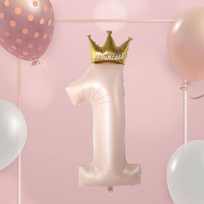 Balon din Folie Metalizata, Flippy, Figurina Cifra 1, Model Coroana Printesa, 91 cm, Ambalaj Individual, Pai inclus, Umflare cu Aer sau Heliu, Roz [3]