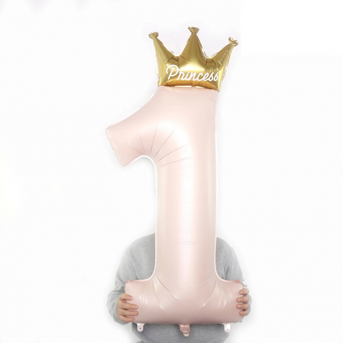 Balon din Folie Metalizata, Flippy, Figurina Cifra 1, Model Coroana Printesa, 91 cm, Ambalaj Individual, Pai inclus, Umflare cu Aer sau Heliu, Roz [2]