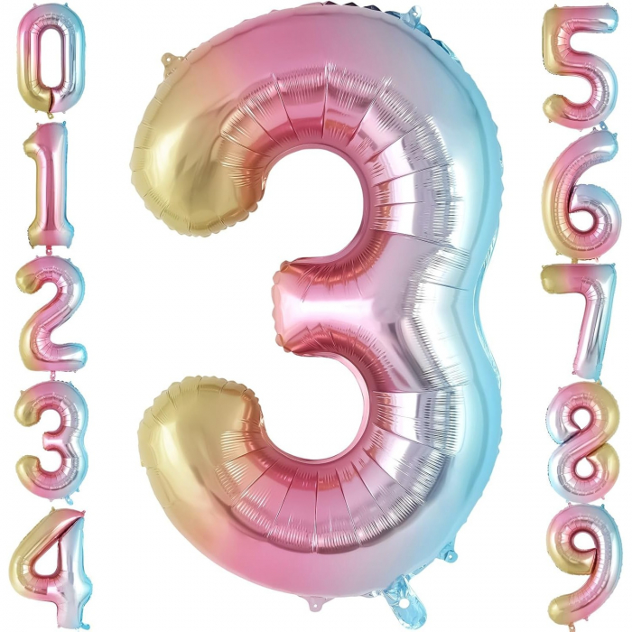 Balon din Folie Metalizata Flippy, Figurina Cifra Gradient, Tema Aniversare 40 cm, Ambalaj Individual, Pai inclus, Umflare cu Aer sau Heliu, Multicolor, Cifra 3 [6]