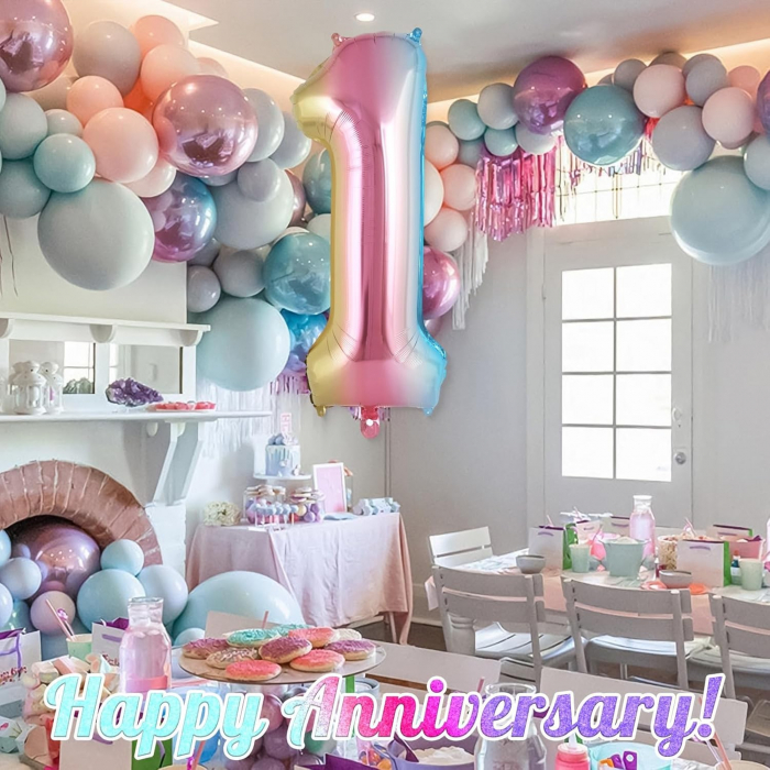 Balon din Folie Metalizata Flippy, Figurina Cifra Gradient, Tema Aniversare 40 cm, Ambalaj Individual, Pai inclus, Umflare cu Aer sau Heliu, Multicolor, Cifra 1 [2]