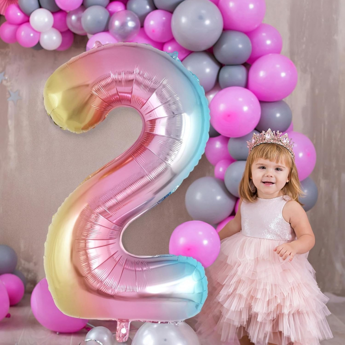 Balon din Folie Metalizata Flippy, Figurina Cifra Gradient, Tema Aniversare 40 cm, Ambalaj Individual, Pai inclus, Umflare cu Aer sau Heliu, Multicolor, Cifra 2 [4]