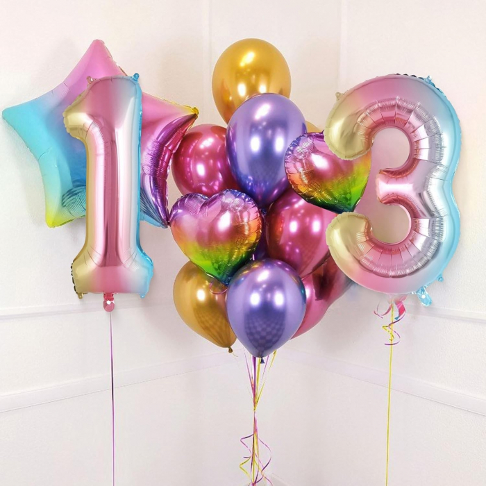 Balon din Folie Metalizata Flippy, Figurina Cifra Gradient, Tema Aniversare 40 cm, Ambalaj Individual, Pai inclus, Umflare cu Aer sau Heliu, Multicolor, Cifra 3 [4]