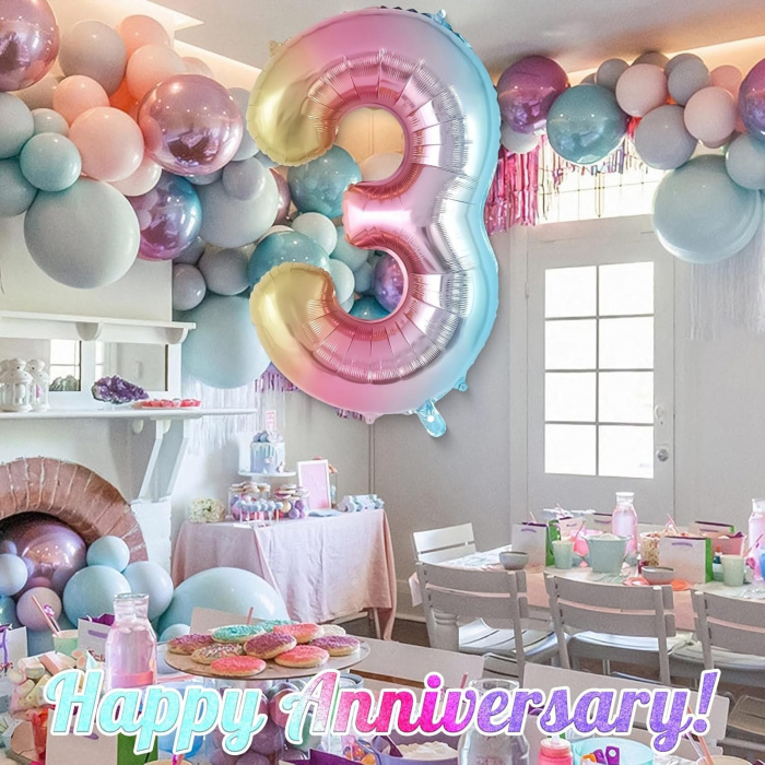 Balon din Folie Metalizata Flippy, Figurina Cifra Gradient, Tema Aniversare 40 cm, Ambalaj Individual, Pai inclus, Umflare cu Aer sau Heliu, Multicolor, Cifra 3 [5]