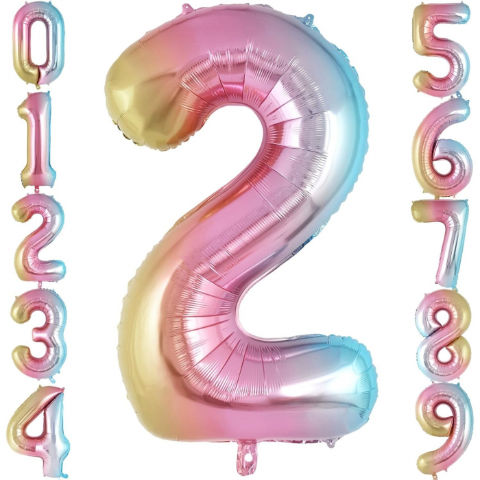 Balon din Folie Metalizata Flippy, Figurina Cifra Gradient, Tema Aniversare 40 cm, Ambalaj Individual, Pai inclus, Umflare cu Aer sau Heliu, Multicolor, Cifra 2 [6]