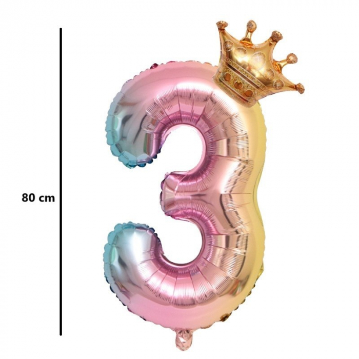 Balon din Folie Metalizata, Flippy, Figurina Cifra Gradient, Tema Aniversare 80 cm, Ambalaj Individual, Pai inclus, Umflare cu Aer sau Heliu, Coronita, Cifra 3 [6]