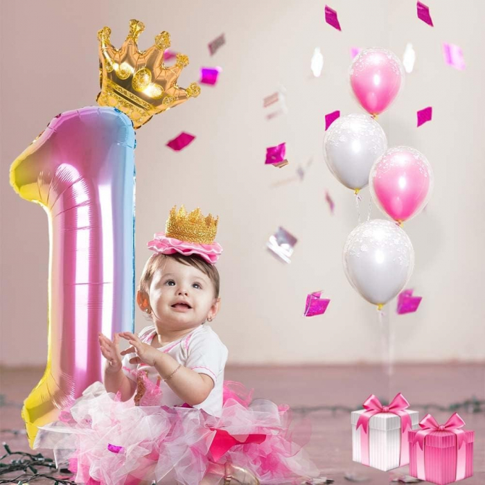 Balon din Folie Metalizata, Flippy, Figurina Cifra Gradient, Tema Aniversare 80 cm, Ambalaj Individual, Pai inclus, Umflare cu Aer sau Heliu, Coronita, Cifra 1 [5]