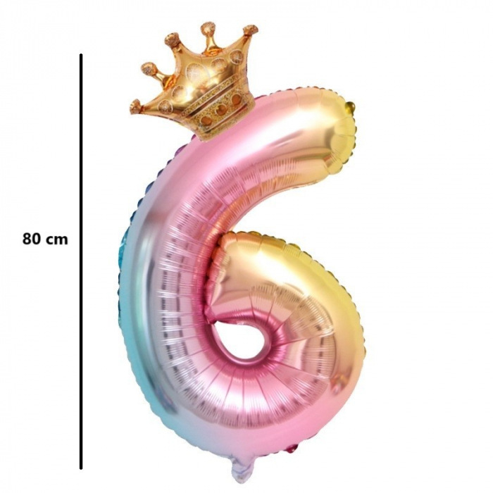 Balon din Folie Metalizata, Flippy, Figurina Cifra Gradient, Tema Aniversare 80 cm, Ambalaj Individual, Pai inclus, Umflare cu Aer sau Heliu, Coronita, Cifra 6 [7]