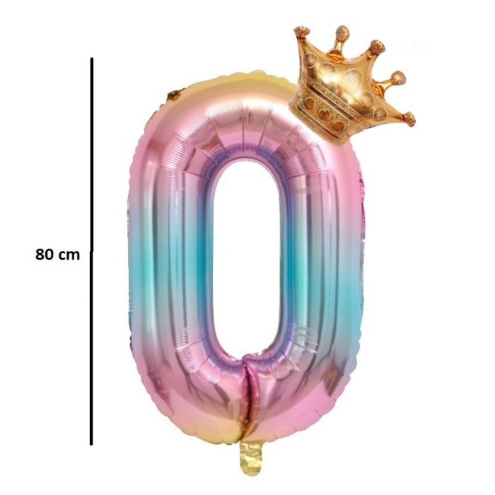 Balon din Folie Metalizata, Flippy, Figurina Cifra Gradient, Tema Aniversare 80 cm, Ambalaj Individual, Pai inclus, Umflare cu Aer sau Heliu, Coronita, Cifra 0 [2]