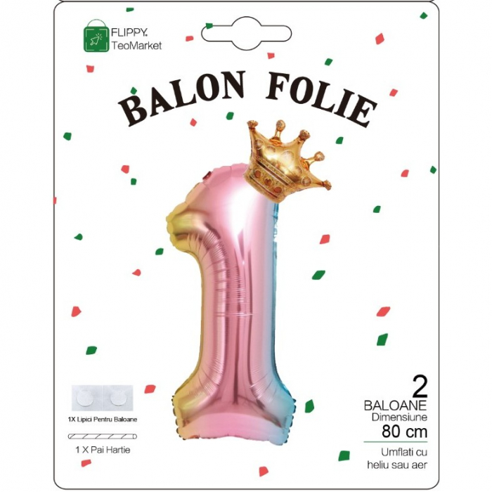 Balon din Folie Metalizata, Flippy, Figurina Cifra Gradient, Tema Aniversare 80 cm, Ambalaj Individual, Pai inclus, Umflare cu Aer sau Heliu, Coronita, Cifra 1 [2]