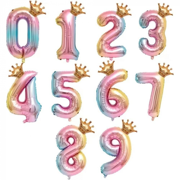 Balon din Folie Metalizata, Flippy, Figurina Cifra Gradient, Tema Aniversare 80 cm, Ambalaj Individual, Pai inclus, Umflare cu Aer sau Heliu, Coronita, Cifra 9 [6]