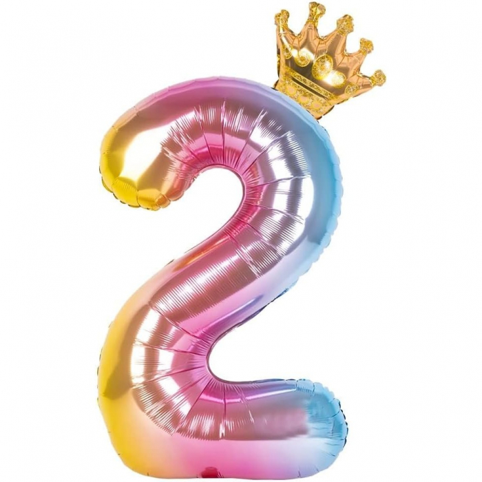 Balon din Folie Metalizata, Flippy, Figurina Cifra Gradient, Tema Aniversare 80 cm, Ambalaj Individual, Pai inclus, Umflare cu Aer sau Heliu, Coronita, Cifra 2 [4]