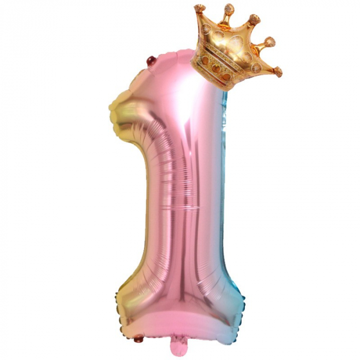 Balon din Folie Metalizata, Flippy, Figurina Cifra Gradient, Tema Aniversare 80 cm, Ambalaj Individual, Pai inclus, Umflare cu Aer sau Heliu, Coronita, Cifra 1 [1]