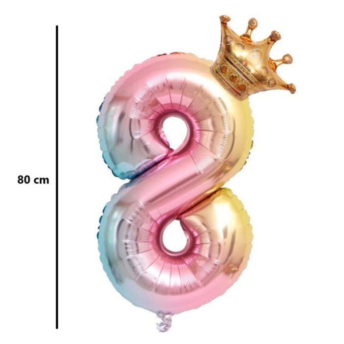 Balon din Folie Metalizata, Flippy, Figurina Cifra Gradient, Tema Aniversare 80 cm, Ambalaj Individual, Pai inclus, Umflare cu Aer sau Heliu, Coronita, Cifra 8 [6]