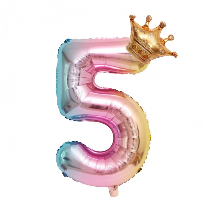 Balon din Folie Metalizata, Flippy, Figurina Cifra Gradient, Tema Aniversare 80 cm, Ambalaj Individual, Pai inclus, Umflare cu Aer sau Heliu, Coronita, Cifra 5 [1]
