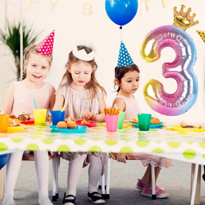 Balon din Folie Metalizata, Flippy, Figurina Cifra Gradient, Tema Aniversare 80 cm, Ambalaj Individual, Pai inclus, Umflare cu Aer sau Heliu, Coronita, Cifra 3 [2]