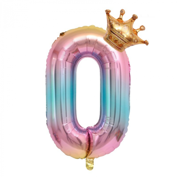 Balon din Folie Metalizata, Flippy, Figurina Cifra Gradient, Tema Aniversare 80 cm, Ambalaj Individual, Pai inclus, Umflare cu Aer sau Heliu, Coronita, Cifra 0 [1]