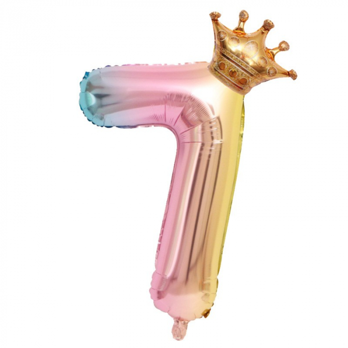Balon din Folie Metalizata, Flippy, Figurina Cifra Gradient, Tema Aniversare 80 cm, Ambalaj Individual, Pai inclus, Umflare cu Aer sau Heliu, Coronita, Cifra 7 [1]