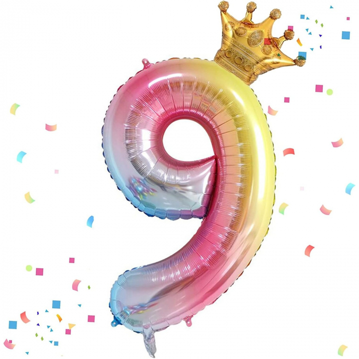 Balon din Folie Metalizata, Flippy, Figurina Cifra Gradient, Tema Aniversare 80 cm, Ambalaj Individual, Pai inclus, Umflare cu Aer sau Heliu, Coronita, Cifra 9 [5]