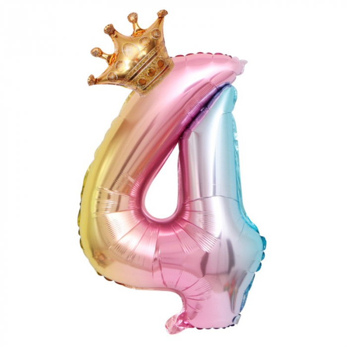 Balon din Folie Metalizata, Flippy, Figurina Cifra Gradient, Tema Aniversare 80 cm, Ambalaj Individual, Pai inclus, Umflare cu Aer sau Heliu, Coronita, Cifra 4 [1]