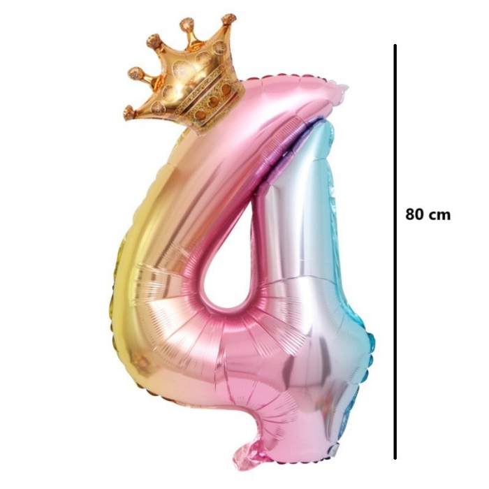 Balon din Folie Metalizata, Flippy, Figurina Cifra Gradient, Tema Aniversare 80 cm, Ambalaj Individual, Pai inclus, Umflare cu Aer sau Heliu, Coronita, Cifra 4 [5]