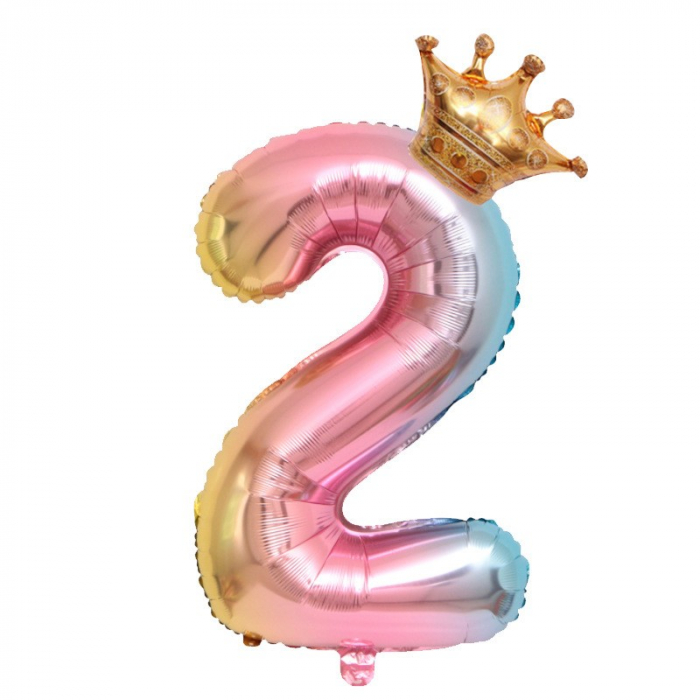 Balon din Folie Metalizata, Flippy, Figurina Cifra Gradient, Tema Aniversare 80 cm, Ambalaj Individual, Pai inclus, Umflare cu Aer sau Heliu, Coronita, Cifra 2 [1]