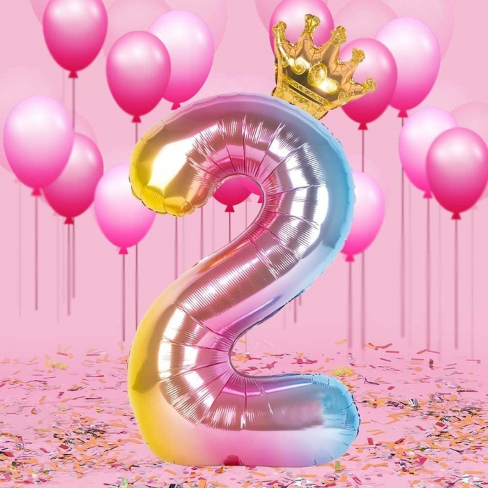 Balon din Folie Metalizata, Flippy, Figurina Cifra Gradient, Tema Aniversare 80 cm, Ambalaj Individual, Pai inclus, Umflare cu Aer sau Heliu, Coronita, Cifra 2 [3]