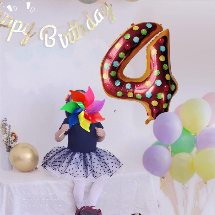 Balon din Folie Metalizata Flippy, Figurina Cifra, Imprimeu Gogosi, Tema Aniversare 100 cm, Ambalaj Individual, Pai inclus, Umflare cu Aer sau Heliu, Multicolor, Cifra 4 [8]