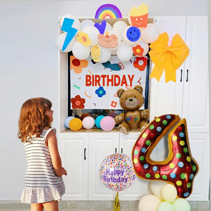 Balon din Folie Metalizata Flippy, Figurina Cifra, Imprimeu Gogosi, Tema Aniversare 100 cm, Ambalaj Individual, Pai inclus, Umflare cu Aer sau Heliu, Multicolor, Cifra 4 [9]