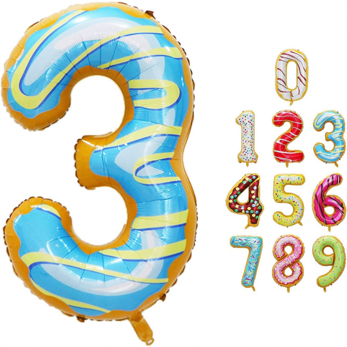 Balon din Folie Metalizata Flippy, Figurina Cifra, Imprimeu Gogosi, Tema Aniversare 100 cm, Ambalaj Individual, Pai inclus, Umflare cu Aer sau Heliu, Multicolor, Cifra 4 [12]