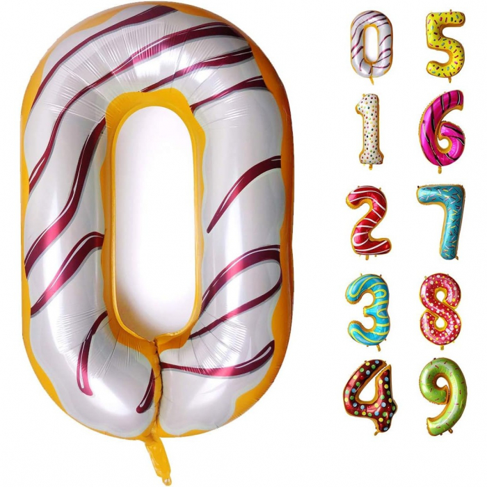 Balon din Folie Metalizata Flippy, Figurina Cifra, Imprimeu Gogosi, Tema Aniversare 100 cm, Ambalaj Individual, Pai inclus, Umflare cu Aer sau Heliu, Multicolor, Cifra 0 [8]