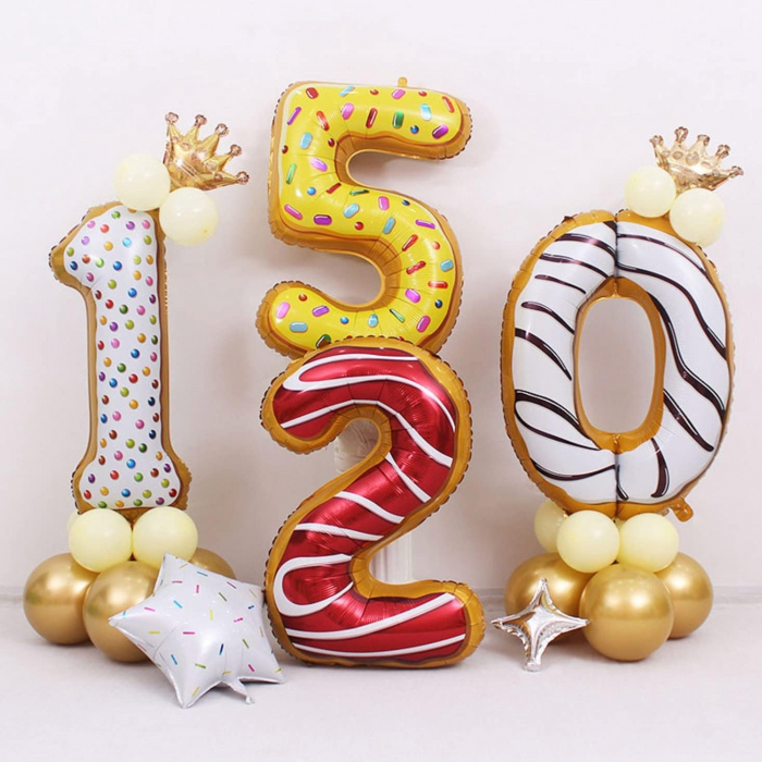 Balon din Folie Metalizata Flippy, Figurina Cifra, Imprimeu Gogosi, Tema Aniversare 100 cm, Ambalaj Individual, Pai inclus, Umflare cu Aer sau Heliu, Multicolor, Cifra 0 [10]