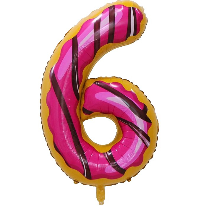 Balon din Folie Metalizata Flippy, Figurina Cifra, Imprimeu Gogosi, Tema Aniversare 100 cm, Ambalaj Individual, Pai inclus, Umflare cu Aer sau Heliu, Multicolor, Cifra 6 [1]
