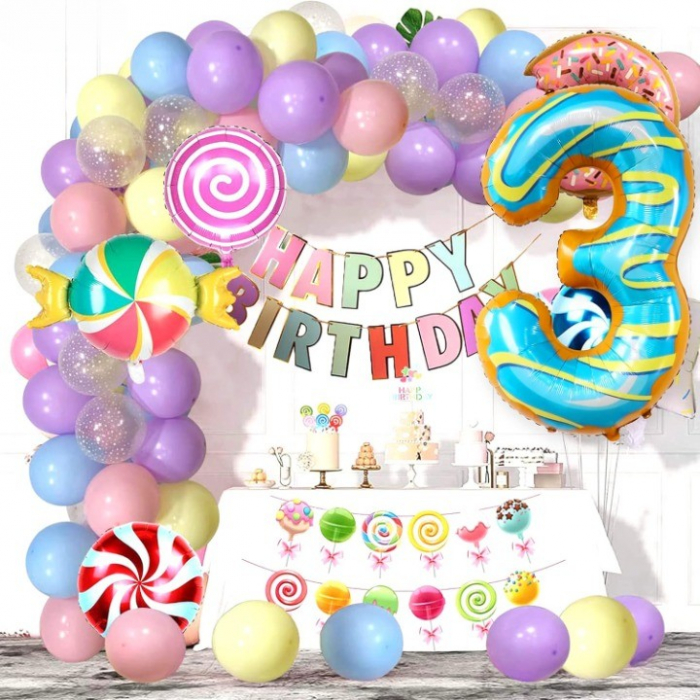Balon din Folie Metalizata Flippy, Figurina Cifra, Imprimeu Gogosi, Tema Aniversare 100 cm, Ambalaj Individual, Pai inclus, Umflare cu Aer sau Heliu, Multicolor, Cifra 3 [4]