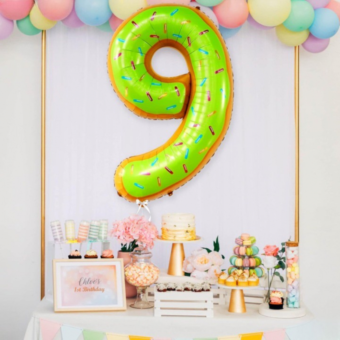 Balon din Folie Metalizata Flippy, Figurina Cifra, Imprimeu Gogosi, Tema Aniversare 100 cm, Ambalaj Individual, Pai inclus, Umflare cu Aer sau Heliu, Multicolor, Cifra 9 [4]