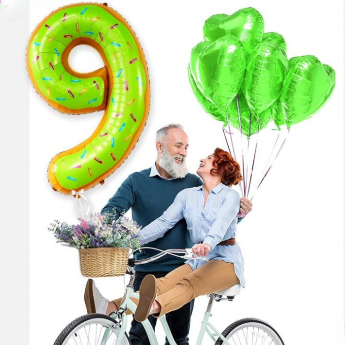 Balon din Folie Metalizata Flippy, Figurina Cifra, Imprimeu Gogosi, Tema Aniversare 100 cm, Ambalaj Individual, Pai inclus, Umflare cu Aer sau Heliu, Multicolor, Cifra 9 [2]