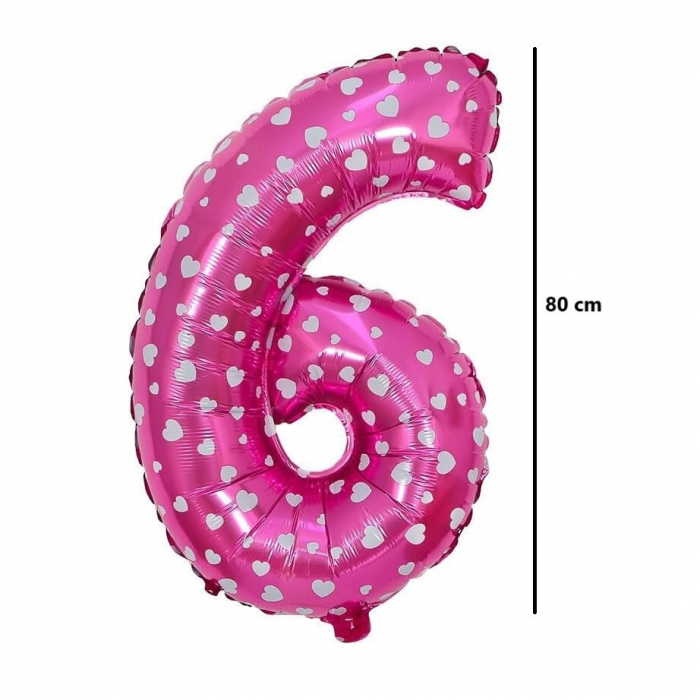 Balon din Folie Metalizata Flippy, Figurina Cifra, Imprimeu Inimi, Tema Aniversare 80 cm, Ambalaj Individual, Pai inclus, Umflare cu Aer sau Heliu, Roz, Cifra 5 [5]