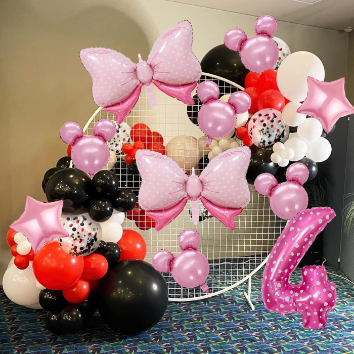 Balon din Folie Metalizata Flippy, Figurina Cifra, Imprimeu Inimi, Tema Aniversare 80 cm, Ambalaj Individual, Pai inclus, Umflare cu Aer sau Heliu, Roz, Cifra 4 [3]
