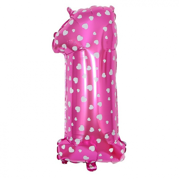 Balon din Folie Metalizata Flippy, Figurina Cifra, Imprimeu Inimi, Tema Aniversare 80 cm, Ambalaj Individual, Pai inclus, Umflare cu Aer sau Heliu, Roz, Cifra 1 [1]
