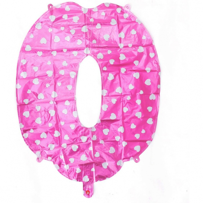 Balon din Folie Metalizata Flippy, Figurina Cifra, Imprimeu Inimi, Tema Aniversare 80 cm, Ambalaj Individual, Pai inclus, Umflare cu Aer sau Heliu, Roz, Cifra 0 [2]