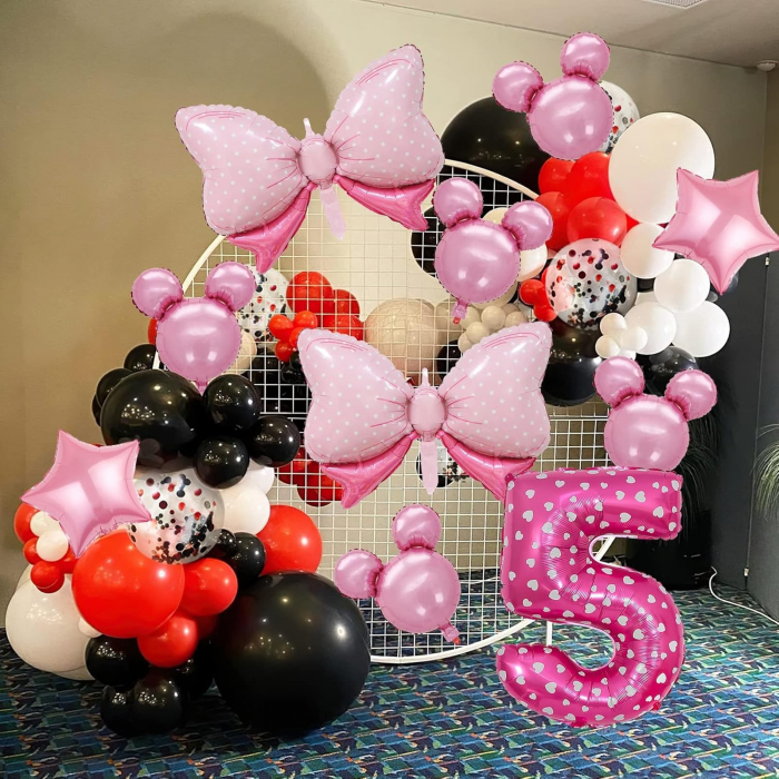 Balon din Folie Metalizata Flippy, Figurina Cifra, Imprimeu Inimi, Tema Aniversare 80 cm, Ambalaj Individual, Pai inclus, Umflare cu Aer sau Heliu, Roz, Cifra 5 [3]