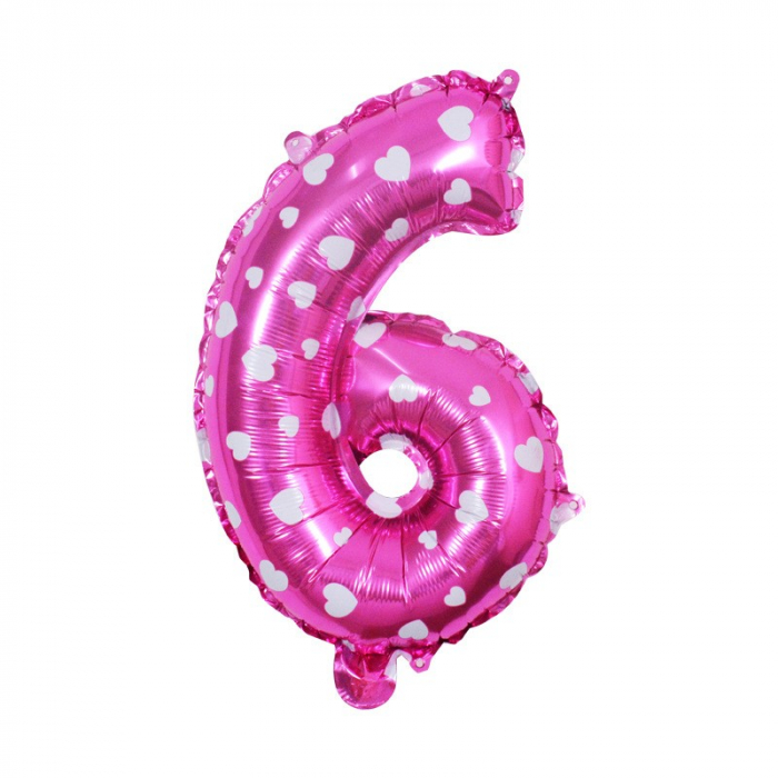 Balon din Folie Metalizata Flippy, Figurina Cifra, Imprimeu Inimi, Tema Aniversare 80 cm, Ambalaj Individual, Pai inclus, Umflare cu Aer sau Heliu, Roz, Cifra 6 [2]