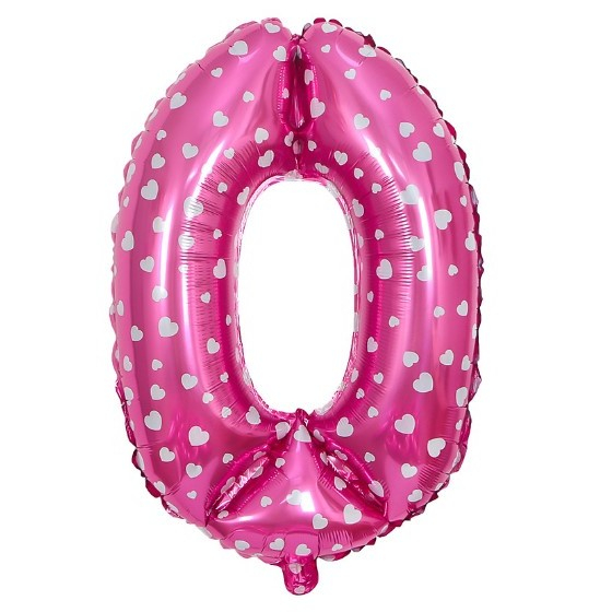 Balon din Folie Metalizata Flippy, Figurina Cifra, Imprimeu Inimi, Tema Aniversare 80 cm, Ambalaj Individual, Pai inclus, Umflare cu Aer sau Heliu, Roz, Cifra 0 [1]