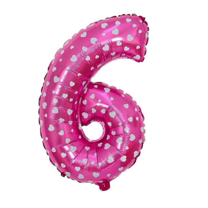 Balon din Folie Metalizata Flippy, Figurina Cifra, Imprimeu Inimi, Tema Aniversare 80 cm, Ambalaj Individual, Pai inclus, Umflare cu Aer sau Heliu, Roz, Cifra 6 [1]