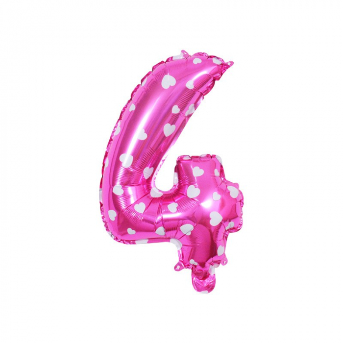 Balon din Folie Metalizata Flippy, Figurina Cifra, Imprimeu Inimi, Tema Aniversare 80 cm, Ambalaj Individual, Pai inclus, Umflare cu Aer sau Heliu, Roz, Cifra 4 [5]