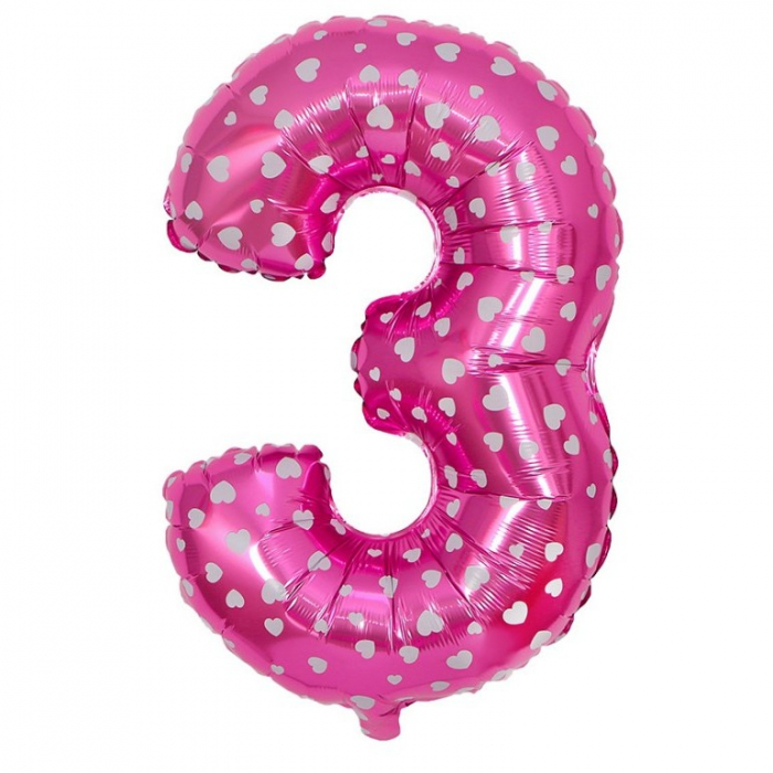 Balon din Folie Metalizata Flippy, Figurina Cifra, Imprimeu Inimi, Tema Aniversare 80 cm, Ambalaj Individual, Pai inclus, Umflare cu Aer sau Heliu, Roz, Cifra 3 [1]