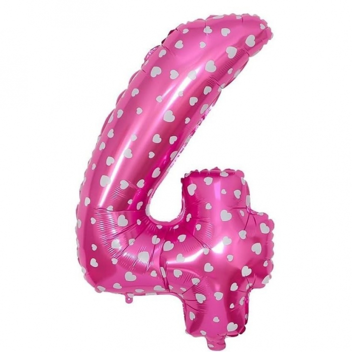 Balon din Folie Metalizata Flippy, Figurina Cifra, Imprimeu Inimi, Tema Aniversare 80 cm, Ambalaj Individual, Pai inclus, Umflare cu Aer sau Heliu, Roz, Cifra 4 [1]